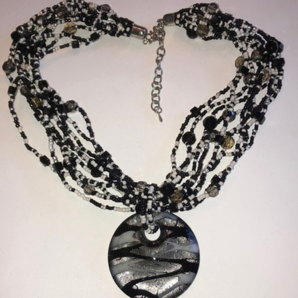 Vintage Multi Strand Black Gray Bead Necklace With Gray & Black Glass Pendant